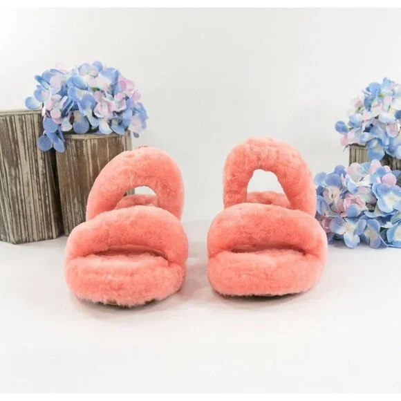UGG Fluff Oh Yea Coral Bling Sheepskin Fur Slippers Slides Sandals Sz 6 NIB - Picture 3 of 9